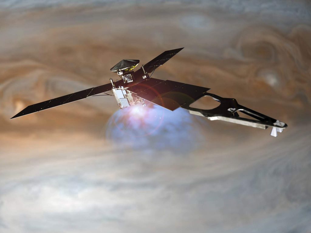 插图(N)ASA's Juno spacecraft firing its main engine to slow down and go into orbit around Jupiter. Lockheed Martin built the Juno spacecraft for NASA's Jet Propulsion Laboratory.