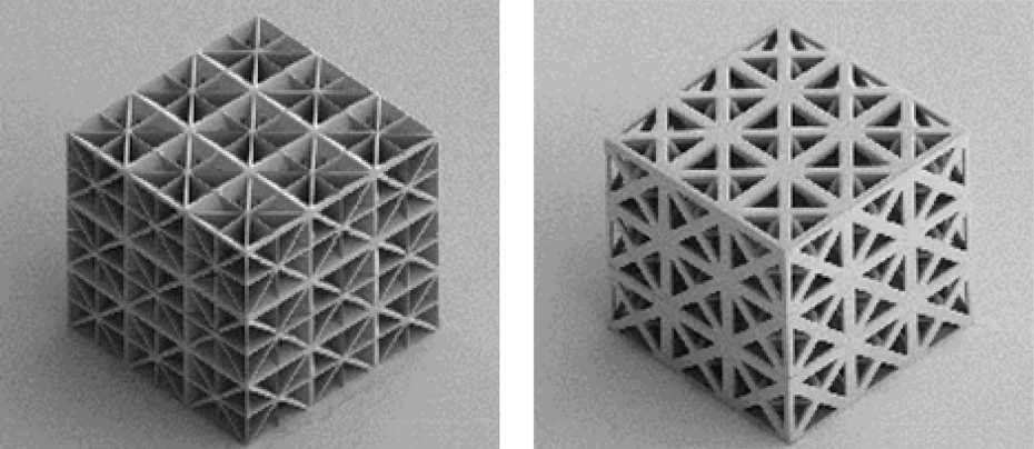 “添加性制造的聚合物板晶格（左）和桁架晶体（右）的示例。左侧的立方体是由仅测量2微米的板构造的。两个立方体的边缘长度为0.2毫米。”通过Eth Zurich的标题，图像来源Tancogne-Dejean T等。高级材料2018