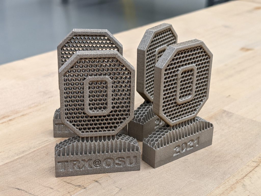 The Ohio State University logo 3D printed using AddUp's FormUp 350 machine.