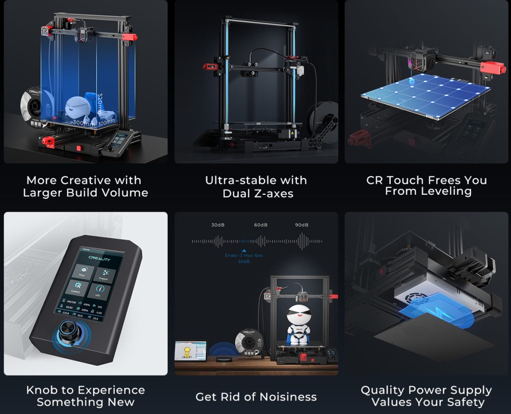 The features of Creality's V2 Neo Ender-3 Max Neo 3D printer. Image via Creality.