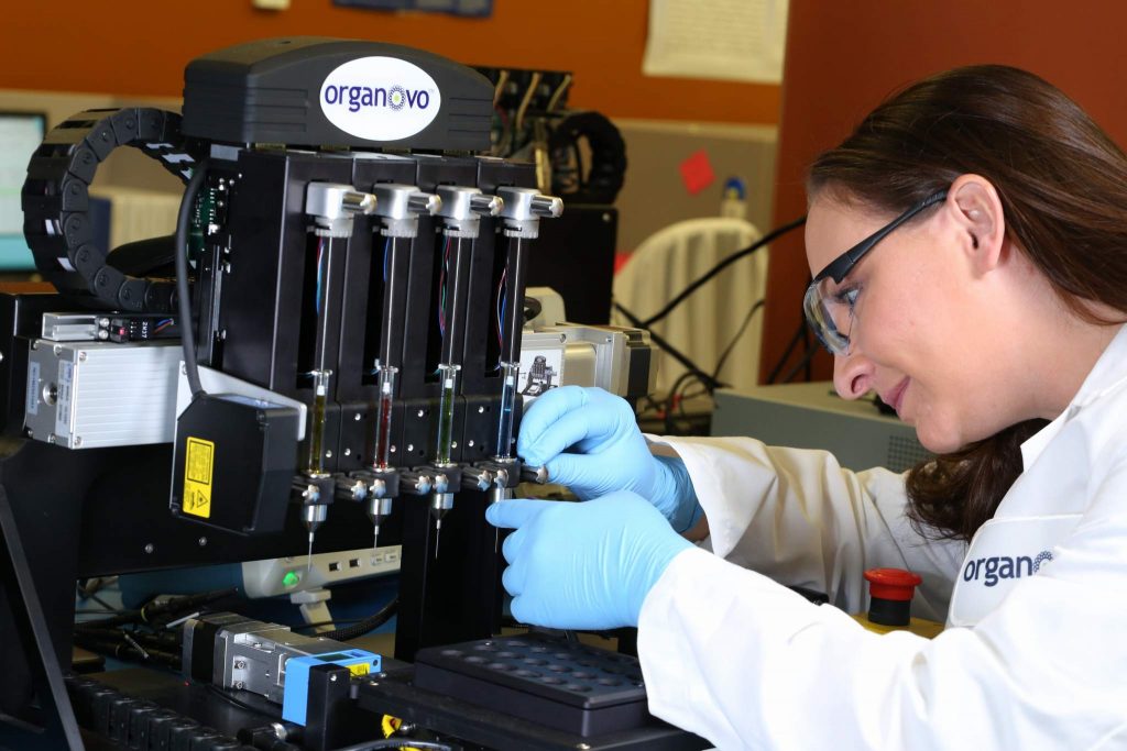 组织工程师加载Organovo的专有bioprinter to print fully human tissue. Photo via Organoco