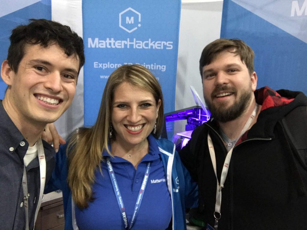 MatterHackers' Mara Hitner at SolidWorks World 2017 with Make Anything YouTuber Devin Montes (left) and 3D designer Kirby Downey (right) Photo via: Mara Hitner