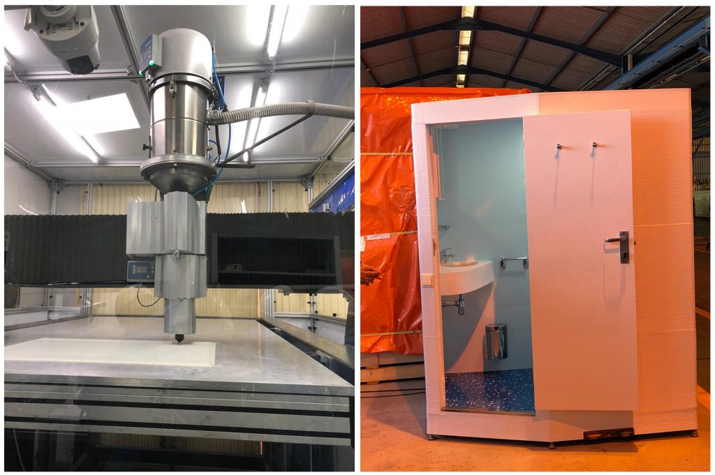 右：Navantia和UCA的专用3D打印机。左：3DCABIN，模块化厕所，项目的第一个产品。通过Navantia的照片