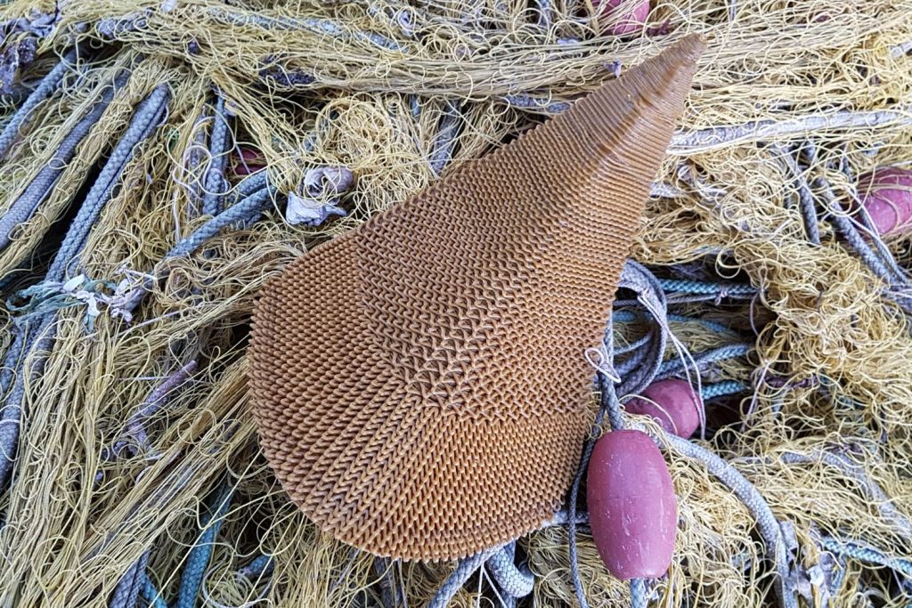 A 3D printed horn made from old fishing nets for the Second Nature project by The New Raw. Photo via the New Raw.