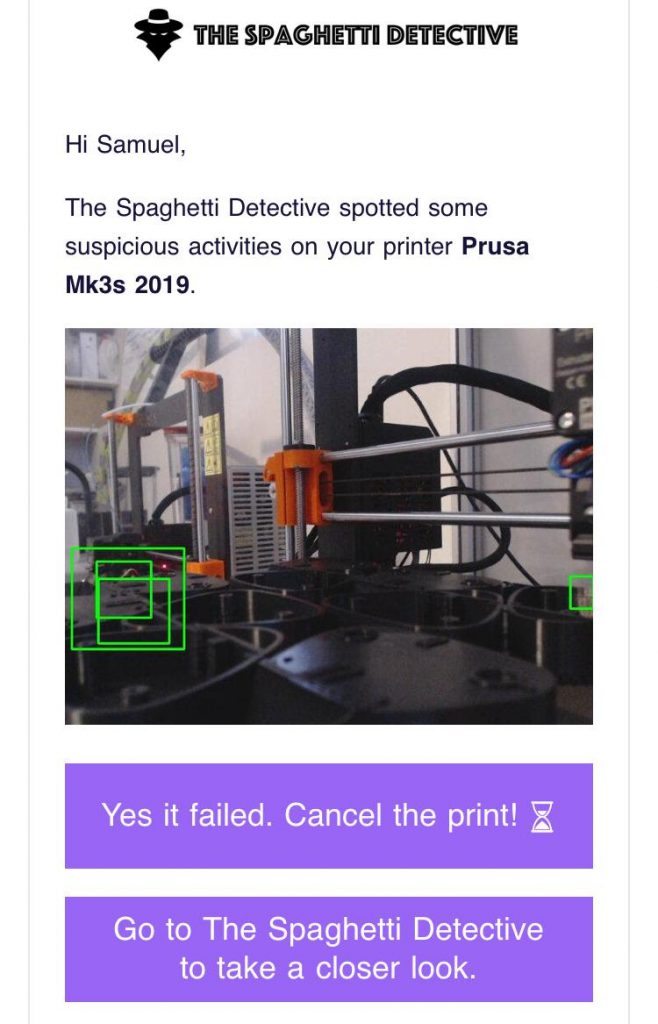 TSD在背景中检测到3D打印机上的意大利面条。通过reddit用户proteus3d图像。