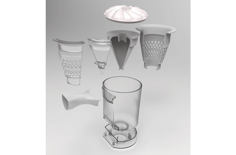 真空吸尘器吸尘器3D打印使用Stratasys的灰度和透明树脂。通过Stratasys公司形象。