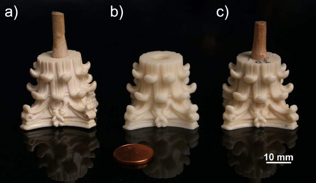 The original ivory capital alongside the 3D printed replicas, before and after post-processing.