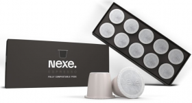 可堆肥的Nexe吊舱与Nespresso机器兼容。照片通过Nexe创新。