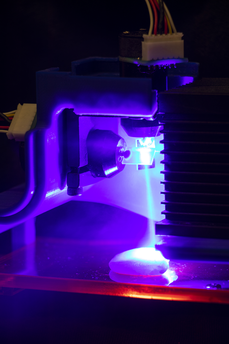 蓝色激光烹煮的3D打印鸡肉样品。图片来自哥伦比亚工程学院的Jonathan Blutinger。
