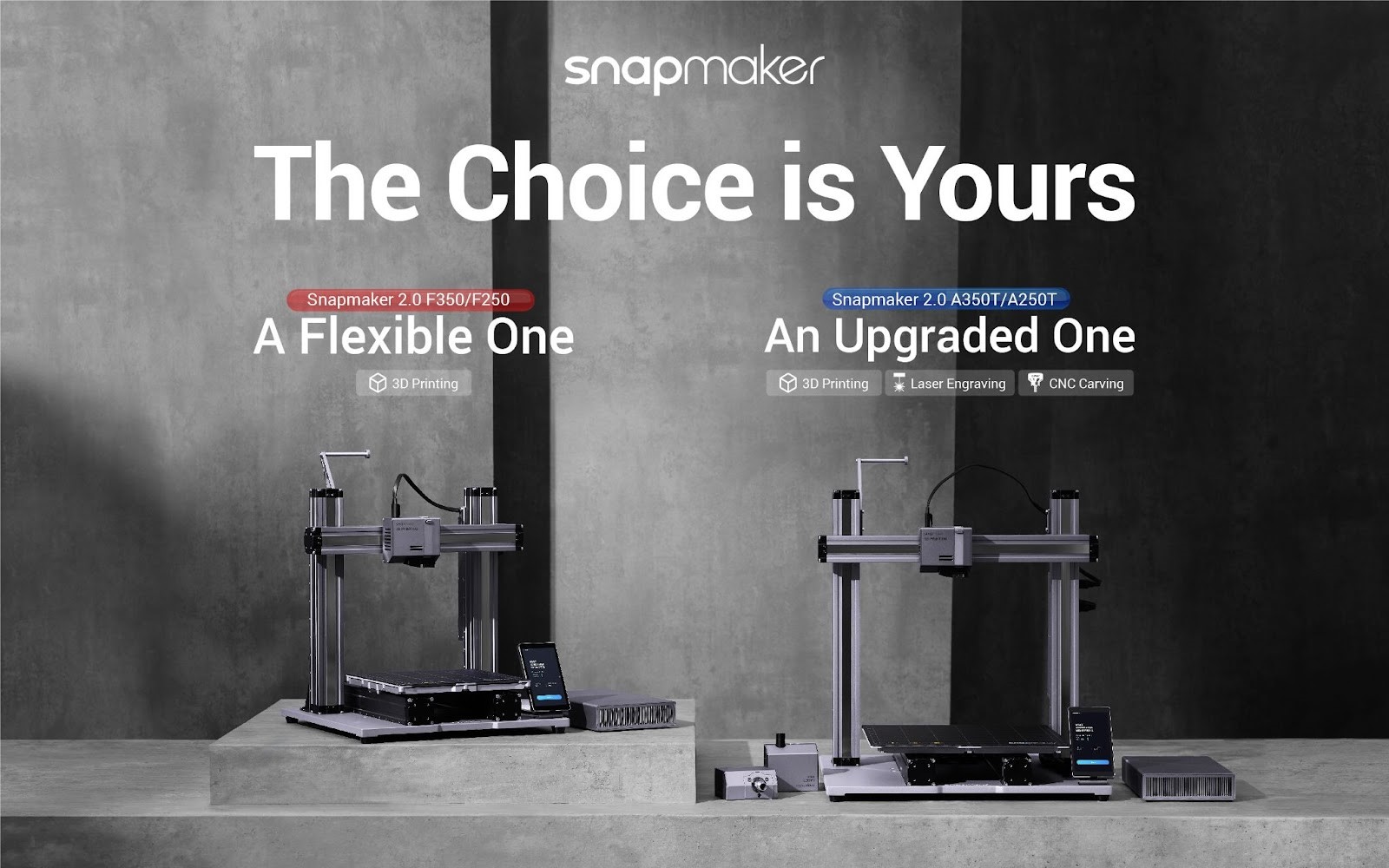 Snapmaker的新2.0 AT和F型号。通过Snapmaker形象。