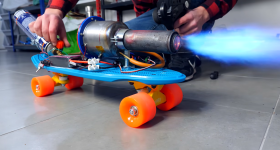The electric jet engine generated enough thrust to power a skateboard. Photo via Integza.